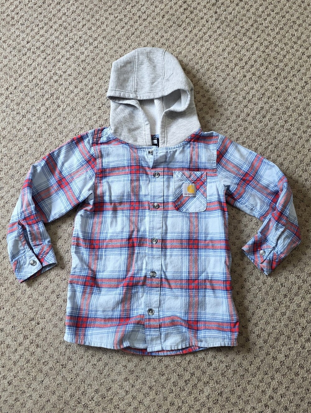 Carhartt Kids Light Blue & Red Plaid Hooded Button-Down Shirt